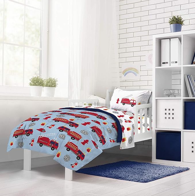 Jay Franco Trend Collector Go Fire Truck Go 4 Piece Toddler Bed Set - Includes Comforter & Sheet Set - Super Soft Fade Resistant Microfiber Bedding
