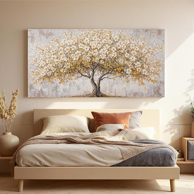 Canvas Wall Art Decor White Tree Of Life Wall Canvas Art For Living Room Pictures Wall Decor Golden Vintage Art Prints Decorative Painting Artwork For Bedroom Office Room Wall Decor 20×40 Inch