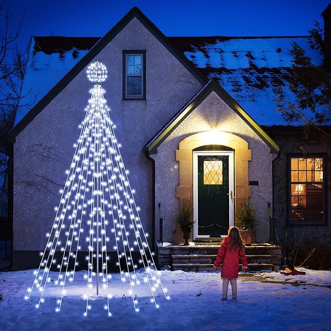 Flacchi 10 FT 432 LED Ball String Lights Outdoor - Pole Set with Remote, Multiple Lighting Modes, Timer, and Waterproof Feature for Ultimate Holiday Decor (Cool White & Multicolor)