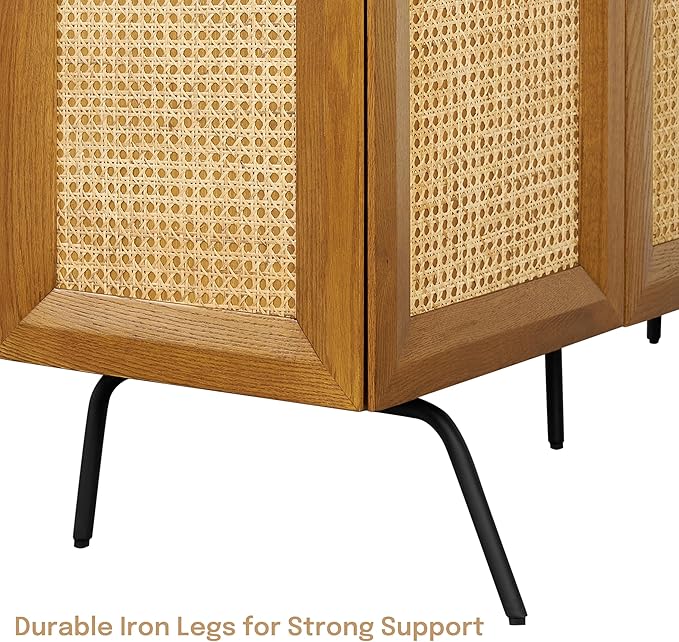 NTC MOSSIC Modern Sideboard with 3 Doors, Natural Rattan Storage Cabinet, Buffet with Metal Legs, Boho Accent Cabinet for Living Room, and Entryway, Effortless Assembly - Rustic Oak