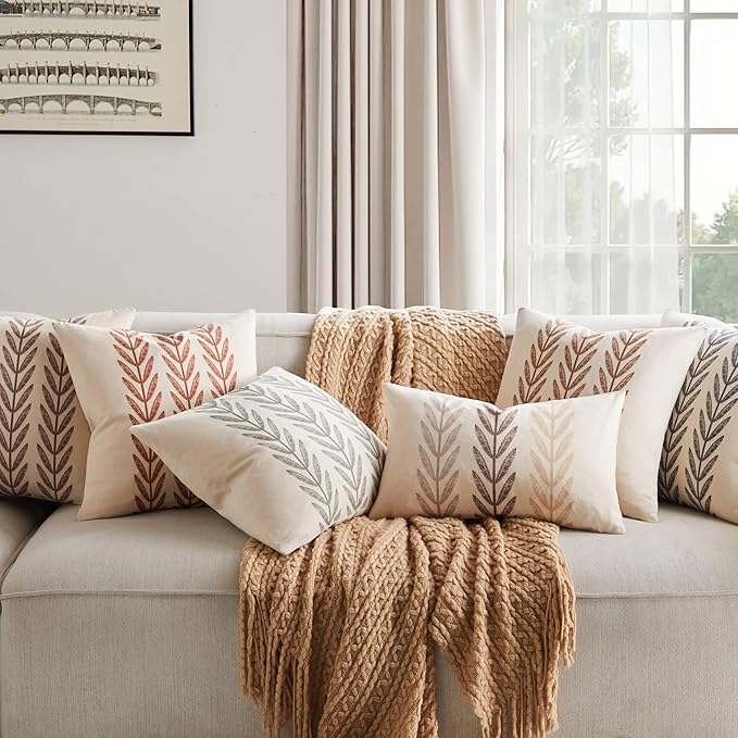 100% Cotton Farmhouse Leaves Lumbar Throw Pillow Covers Set of 2, 12x20 Inch Mixed Beige Pastoral Decorative Print Cushion Covers for Sofa Bed Living Room Home Decor