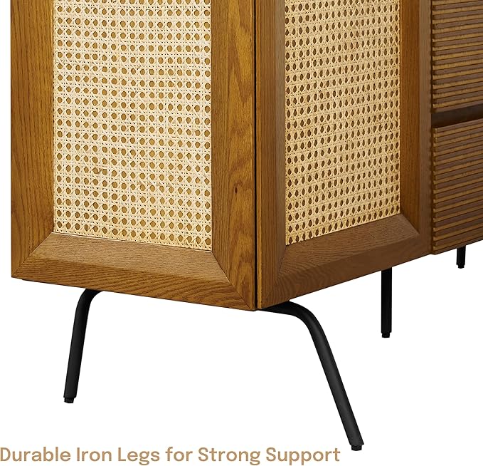 NTC MOSSIC Sideboard with 2 Doors and 3 Drawers, Buffet Cabinet with Natural Rattan and Metal Legs, Modern Storage Cabinet for Living Room, and Hallway, Effortless Assembly - Rustic Oak