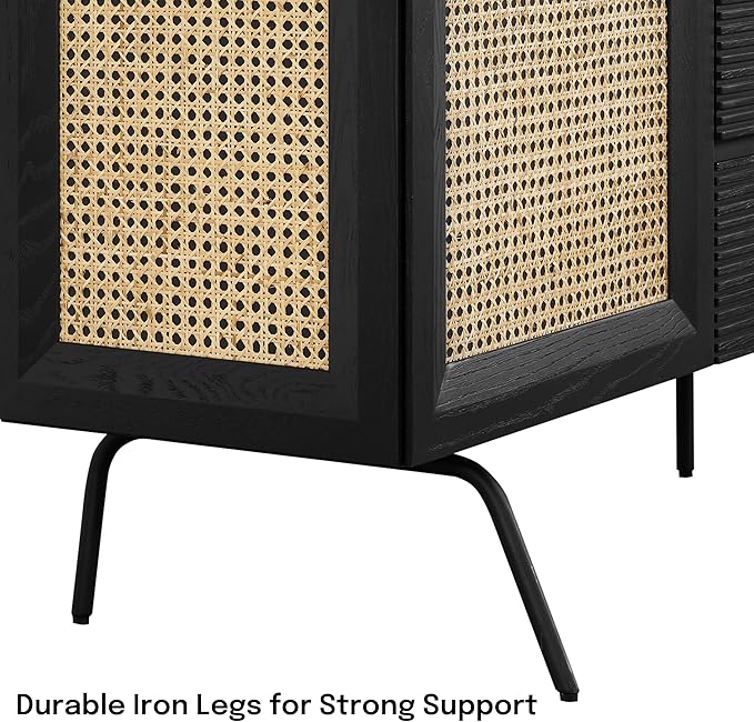 NTC MOSSIC Large Sideboard with 2 Doors and 3 Drawers, Buffet Cabinet with Natural Rattan and Metal Legs, Modern Storage Cabinet for Living Room, and Hallway, Effortless Assembly - Burnt Black