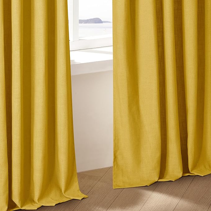 80 Inch Pinch Pleated Linen Curtains 2 Panels for Living Room Bedroom Boho Farmhouse Mustard Yellow Semi Sheer Back Tab Pinch Pleat Hooks Rings Window Curtain Harvest Gold Yellow Spring Decor
