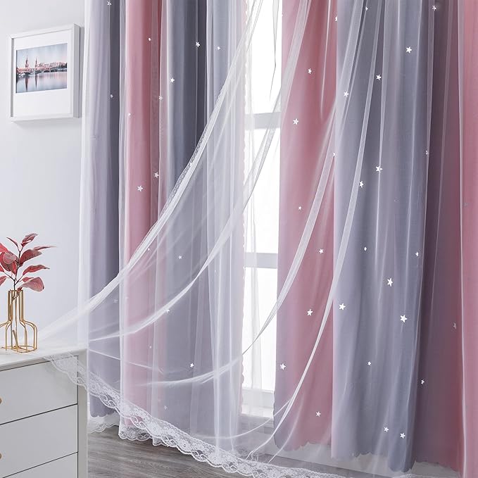 XiDi Curtains for Bedroom Decor, Rainbow Pink-Grey-34-96