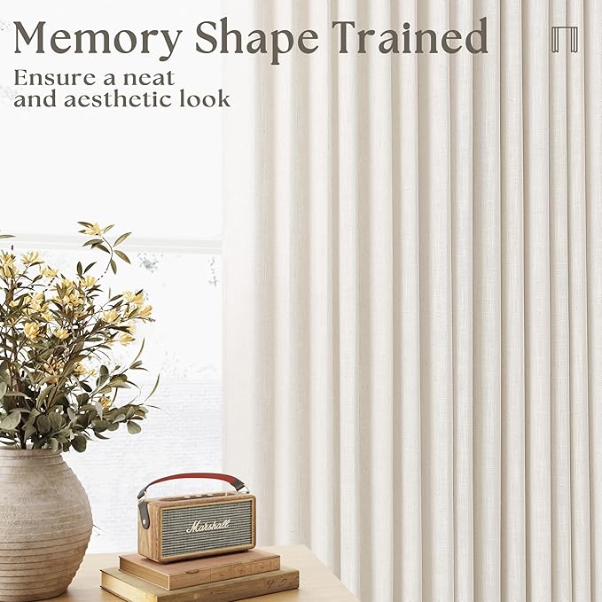 90 Inch Pinch Pleated Linen Curtains 2 Panel Set for Living Room Cream Natural Thick Linen Textured Drapes 90 Inches Long Pinch Pleat Drapes Birch Ivory Semi Sheer Curtain for Dining Bedroom Office