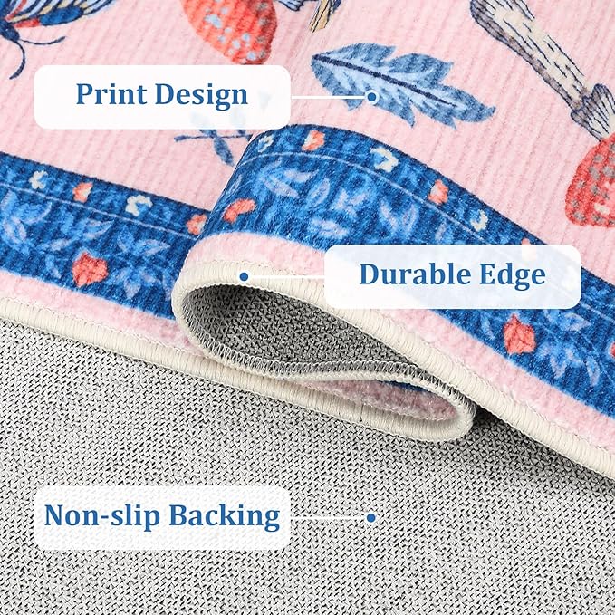 Mushroom Insect 8x10 Area Rugs, Washable Rugs for Living Room Non Slip Stain Resistant Low Pile Modern Butterfly Carpet for Bedroom Dining Room Nursery Playroom Office, Blue Pink
