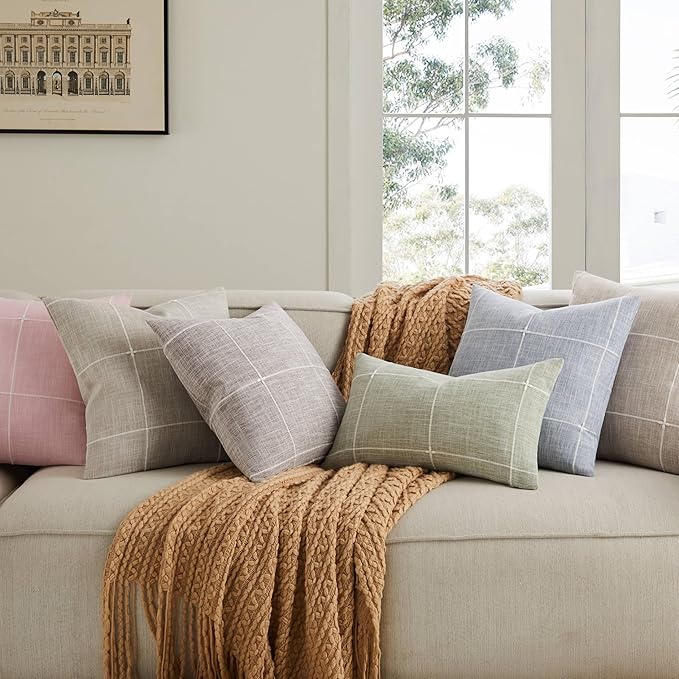 2 Packs Grid Embroidery Throw Pillow Covers, 22x22 Inch Blue, Farmhouse Linen Decorative Dusty Blue Cushion Covers for Sofa Bed Living Room Home Decor