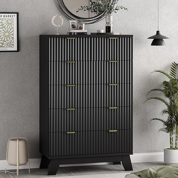 Fluted Dresser for Bedroom with 6 Drawers, 46" Tall Modern Chest of Drawers with Metal Handle, Wooden Dresser TV Stand, Wood Closet Clothes Storage Organizer for Living Room, Hallway, Black