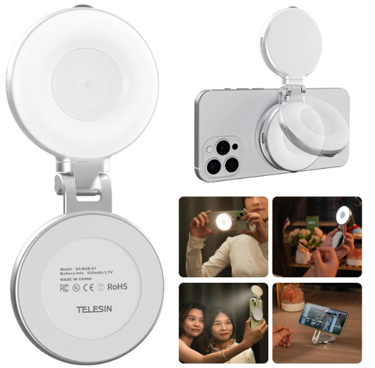TELESIN C03 magnetic selfie ring light attached to iPhone with warm LED glow