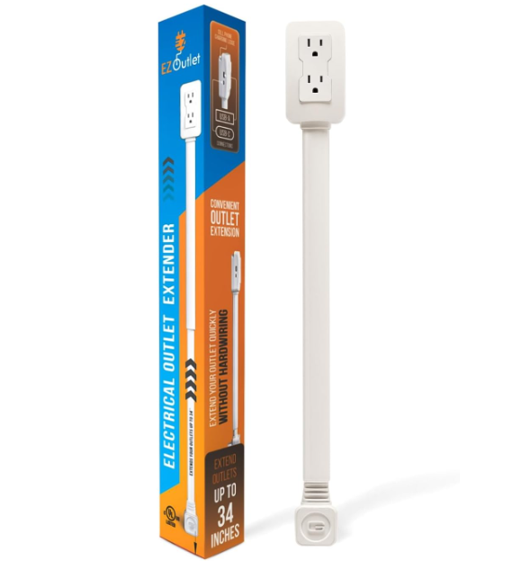 EZ Outlet Electrical Outlet Extender. Access Hard-to-Reach Outlets! Features USB-A, USB-C, and 2 AC Outlets, Extends 22"-34", Rotates 180°. Use Behind Couches, Nightstands, Desks, and More.