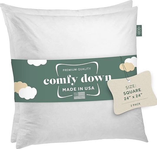 ComfyDown Set of Two 24X24 Decorative Throw Pillow Insert, Down and Feathers Fill, 100% Cotton Cover 233 Thread Count, Square Pillow Insert - Made in USA