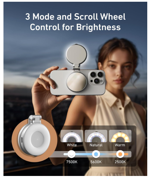 Three color temperature modes of TELESIN ring light - warm 2700K, natural 5600K, cool 7500K