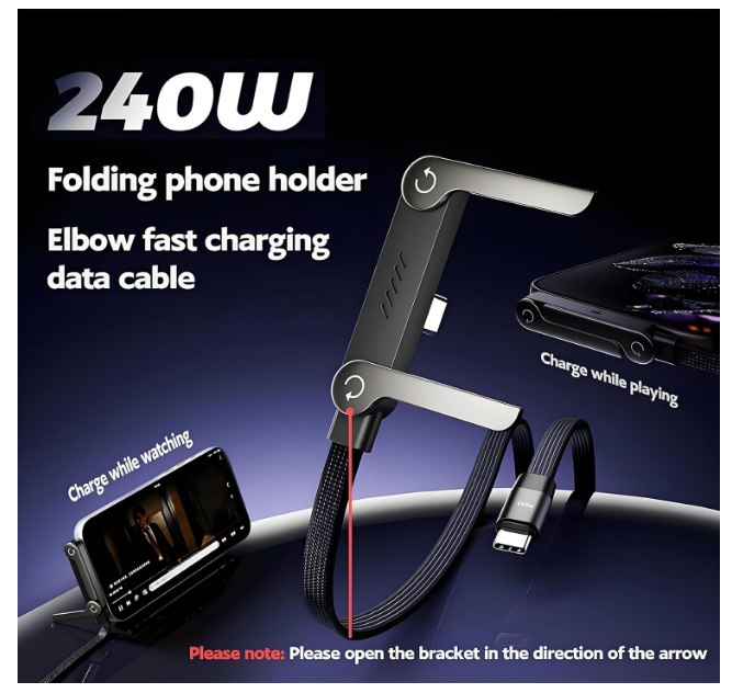 Smartphone charging on adjustable 360-degree rotatable stand with 5ft nylon-braided cable