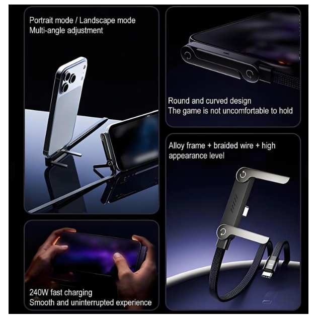 2-in-1 USB-C charging cable with foldable metal stand base for hands-free viewing