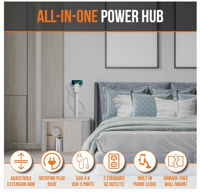 EZ Outlet Electrical Outlet Extender. Access Hard-to-Reach Outlets! Features USB-A, USB-C, and 2 AC Outlets, Extends 22"-34", Rotates 180°. Use Behind Couches, Nightstands, Desks, and More.