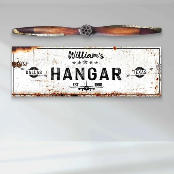 TAILORED CANVASES Hangar Sign - Personalized Aviation Hangar, Ready-to-Hung Aviation for Wall Decor and Airplane decor, Indoor and Outdoor Personalized gifts for men or Pilot Gifts - 8x24