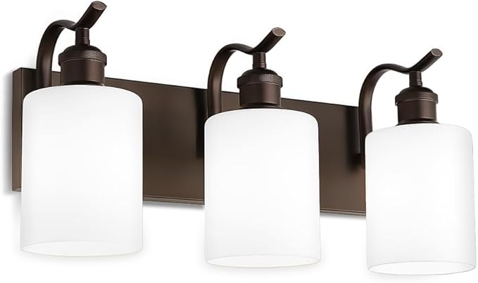 3 Light Bathroom Vanity Light, Morden Vanity Lighting Fixtures Over Mirror Oil Rubbed Bronze Bathroom Sconces Wall Lighting with Milky White Frosted Shade ZCVL01ORBW-3