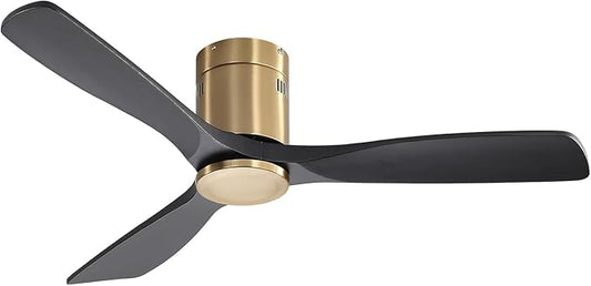 Sofucor 52 Inch Solid Wood Low Profile Flush Mount Ceiling Fan No Light, Outdoor Modern Black and Gold Ceiling Fan without Light 6-Speed, 3-Timer, Reversible DC Motor for Living Room Bedroom