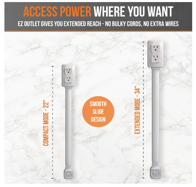 EZ Outlet Electrical Outlet Extender. Access Hard-to-Reach Outlets! Features USB-A, USB-C, and 2 AC Outlets, Extends 22"-34", Rotates 180°. Use Behind Couches, Nightstands, Desks, and More.