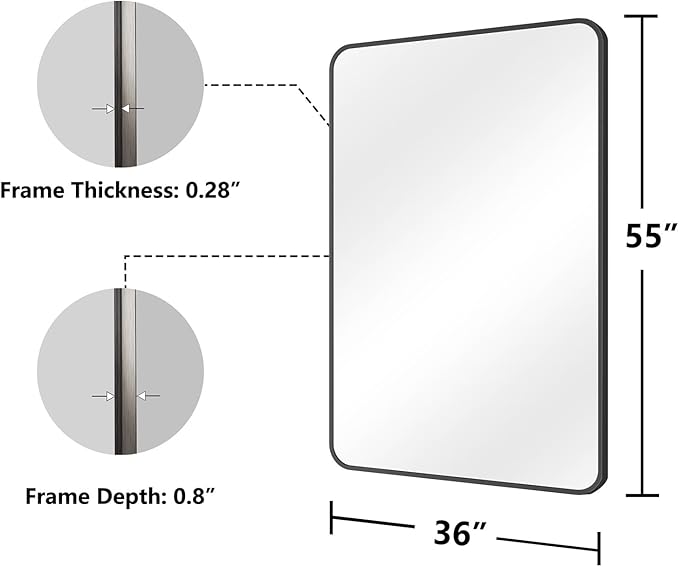 Koonmi Bathroom Mirror, 36X55 Inch Black Metal Framed Mirror for Bathroom, Tempered Glass, Anti-Rust, Rounded Rectangle Mirror for Restroom, Bedroom, Black