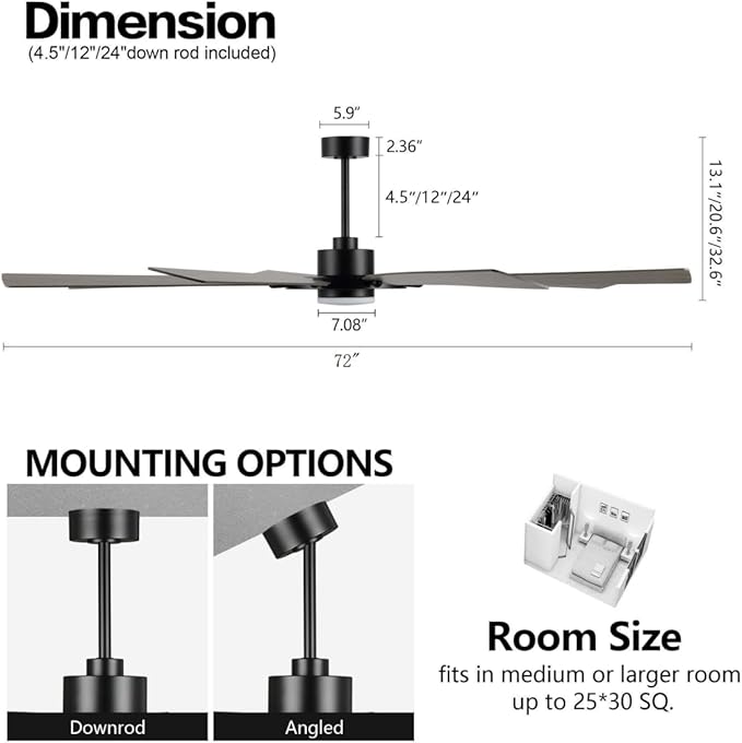 ELEHINSER 72 Inch Ceiling Fan with Lights and 3 Downrods, 8 Plywood Blades, 6-Speed Noiseless Reversible DC Motor, 3CCT, Windmill Ceiling fan for Kitchen Bedroom Living Room, Black and Grey