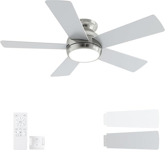 42 Inch Brushed Nickel Ceiling Fans with Lights and Remote, LED Low Profile Flush Mount Ceiling Fan for Bedroom, Living Room, Patio, Quiet DC Motor, 5 Blades