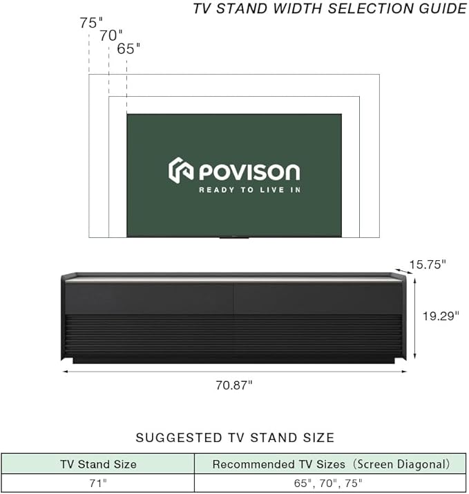 POVISON Fully-Assembled Mid Century Glossy Sintered Stone TV Stand, 70.87" Wood Media Console with Adjustable LED Light, Entertainment Center with Storage for Living Room