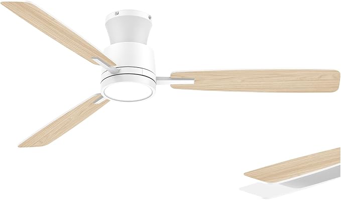 Ceiling Fans with Lights,52 Inch,Quiet Reversible Motor,Easy to Install,6 Speeds,Dimmable,Timer,White Low Profile Ceiling Fan for Bedroom Living Room,Kitchen,Indoor/Outdoor