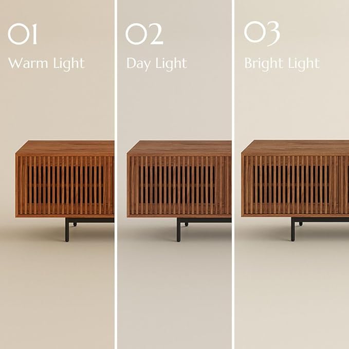 POVISON Fully Assembled Mid-Century Modern TV Stand with Slatted Doors, 118.11" Wood Media Console with LED Lights, TV Console with Tall-cast Metal Legs, Entertainment Center with Storage