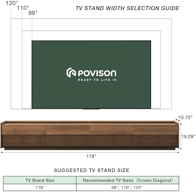 POVISON Fully-Assembled Mid Century Modern TV Stand, 118.11" Wood Media Console with Adjustable LED Light, Entertainment Center with Storage for Living Room