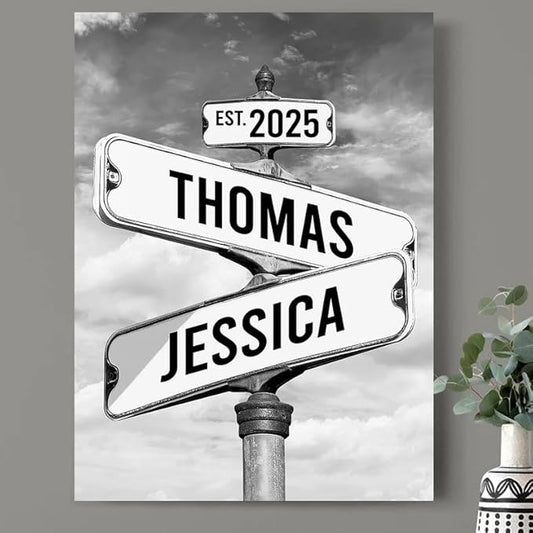 Personalized Canvas Vintage Street Sign For Couples, Crossroads Street Sign For Сouple, Custom Name And Date Poster, Christmas Gifts For Her/Him, Valentines Day Gift For Girlfriend/Boyfriend #21