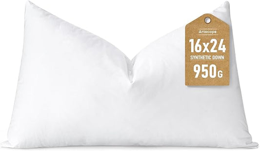 Artscope Synthetic Down Lumbar Pillow Insert, 16x24 Down Alternative Throw Pillow Insert. Ultra Soft Fluffy Sleeping Pillow with 100% Cotton Cover, Decorative Pillows-White.