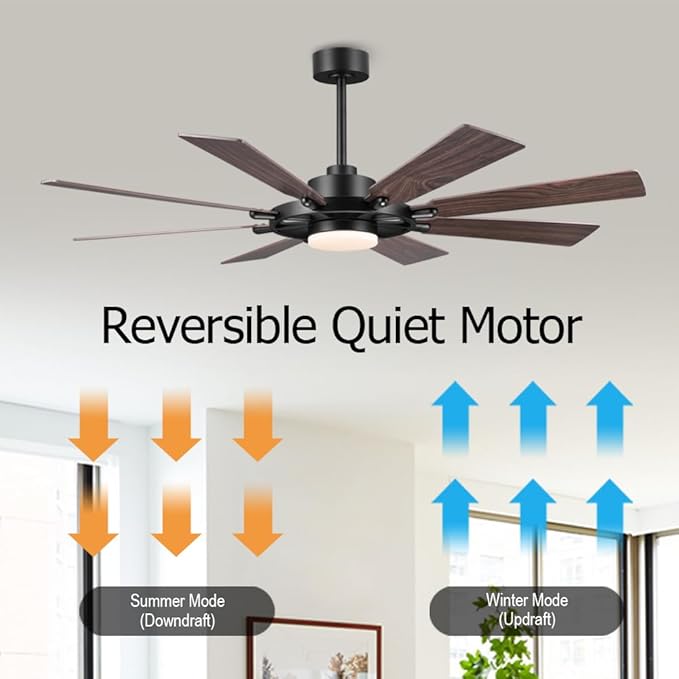 ELEHINSER 60 Inch Ceiling Fan with Lights and Remote Control, 8 Plywood Blades, 6-Speed Noiseless Reversible DC Motor, 3CCT, Windmill Ceiling fan for Kitchen Bedroom Living Room, Black and Walnut