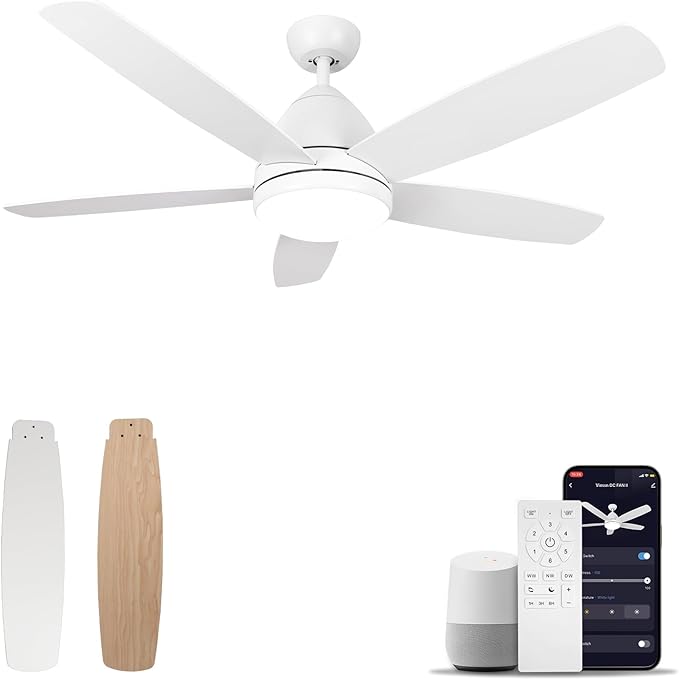 Smart White Ceiling Fan with Light, 52-Inch Modern Outdoor Ceiling Fan and Remote/App, Dimmable Tri-Color LED and Reversible Motor for Indoor Bedroom/Outdoor Covered Patio