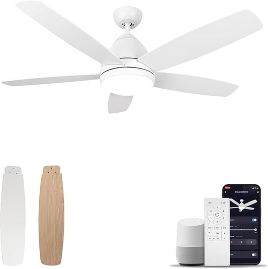 Smart White Ceiling Fan with Light, 52-Inch Modern Outdoor Ceiling Fan and Remote/App, Dimmable Tri-Color LED and Reversible Motor for Indoor Bedroom/Outdoor Covered Patio