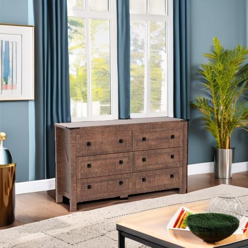 T4TREAM Farmhouse 6 Drawers Dresser for Bedroom, Wood Rustic Wide Chest of Drawers, Storage Dressers Organizer for Bedroom, Living Room, Hallway, Reclaimed Barnwood Color