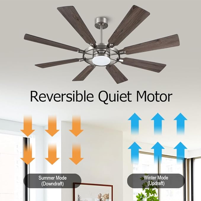 ELEHINSER 72 Inch Ceiling Fan with Lights and 3 Downrods, 8 Plywood Blades, 6-Speed Noiseless Reversible DC Motor, 3CCT, Windmill Ceiling fan for Kitchen Bedroom Living Room, Nickel and Grey