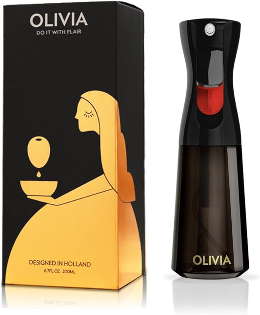FLAIROSOL OLIVIA Oil Sprayer for Cooking, 200ml Glass Olive Oil Sprayer, Continuous Cooking Spray Dispenser with Portion Control for Kitchen, Air Fryer, Salad, BBQ (Black Bottle, Gold Print)
