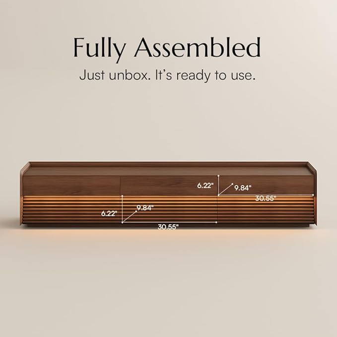 POVISON Fully-Assembled Mid Century Modern TV Stand, 94.49" Wood Media Console with Adjustable LED Light, Entertainment Center with Storage for Living Room