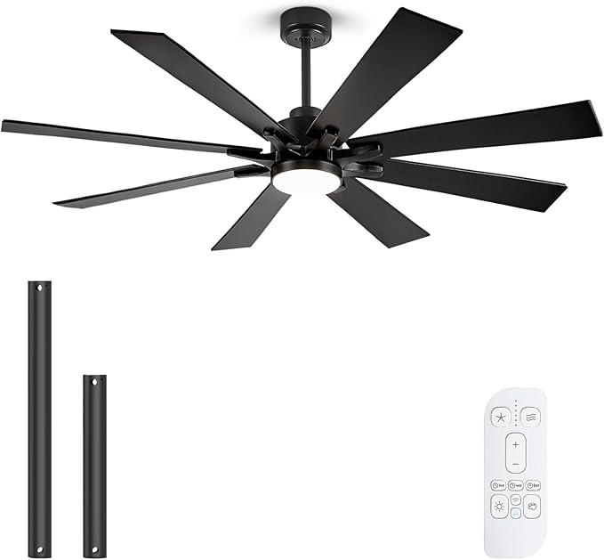 62 Inch Outdoor Ceiling Fan with Light Remote, Modern Black Industrial Ceiling Fan with 8 Blades, Dimmable Large Airflow Indoor Exterior Ceiling Fans for Patios Porch Garage Damp Rated, Quiet DC Motor