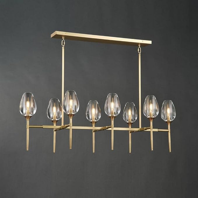 Crystal Chandelier, 52in Gold Tulip Rectangle K9 Crystal Chandelier, 8 Lights Brass Pendant Ceiling Light for Dining Living Room Bedroom Entryway, E12 Bulbs Included