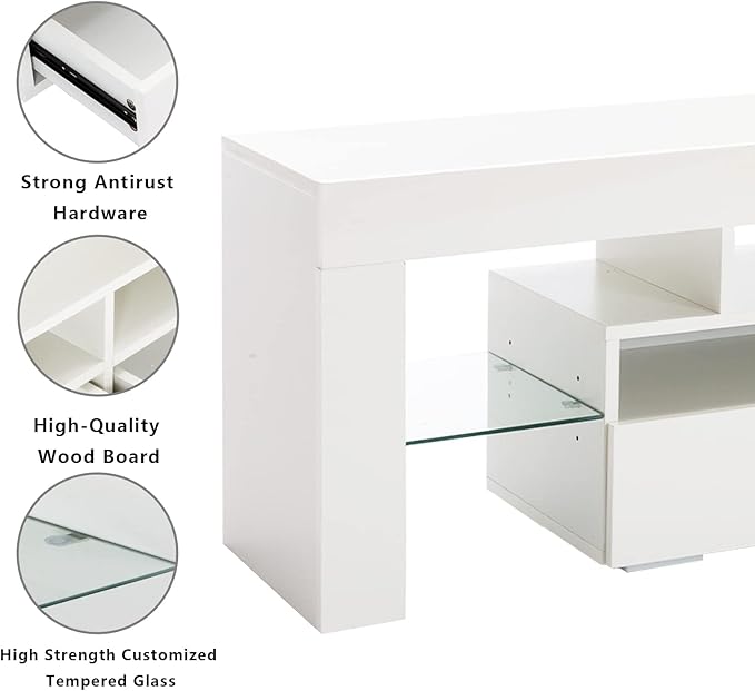 St.Mandyu LED TV Stand for 60/65/70 inch TV, High Glossy Modern Entertainment Center with Drawer and Led Lights, Television Table Center Media Console for Living Game Room Bedroom, White