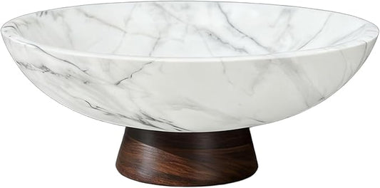 White Marble Decorative Bowl with Acacia Wood Base – 11" Modern Pedestal Fruit Bowl for Table Centerpiece, Entryway or Kitchen Décor