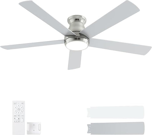 60 Inch Brushed Nickel Ceiling Fans with Lights and Remote, LED Low Profile Flush Mount Ceiling Fan for Bedroom, Living Room, Quiet DC Motor, Dimmable 6 Speeds