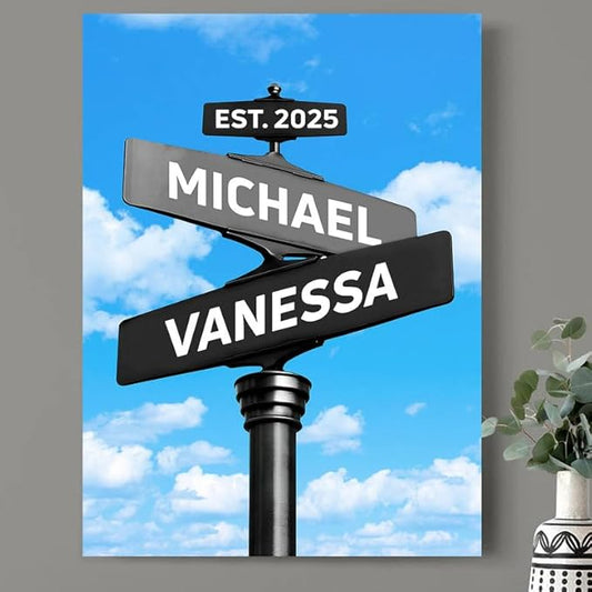 Personalized Canvas Vintage Street Sign For Couples, Crossroads Street Sign For Сouple, Custom Name And Date Poster, Christmas Gifts For Her/Him, Valentines Day Gift For Girlfriend/Boyfriend #16