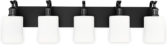 5 Light Bathroom Vanity Light, Morden Black Vanity Light Bathroom Lighting Fixtures Over Mirror Black Wall Sconces with Milky White Frosted Shade ZCVL01BKW-5