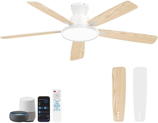 Ceiling Fans With Lights,52 Inch Smart Ceiling Fan, Remote/App Control, Compatible with Alexa/Google Assistant,Reversible,Dimmable,Adjustable Color Temperature,6 Speeds,Timer(White)