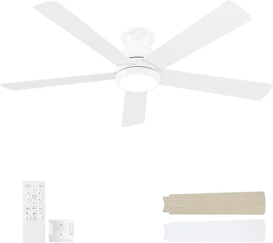 60 Inch White Ceiling Fans with Lights and Remote, LED Low Profile Flush Mount Ceiling Fan for Bedroom, Living Room, Quiet DC Motor, Dimmable 6 Speeds