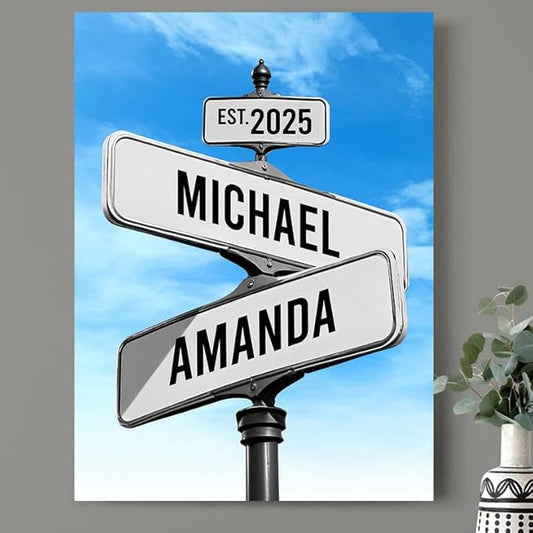 Personalized Canvas Vintage Street Sign For Couples, Crossroads Street Sign For Сouple, Custom Name And Date Poster, Christmas Gifts For Her/Him, Valentines Day Gift For Girlfriend/Boyfriend #11